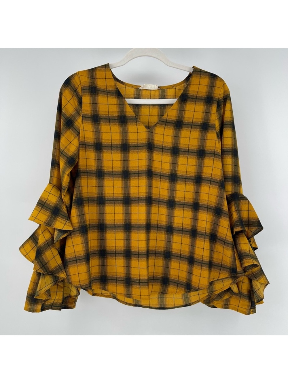Altar'd State Mustard Plaid Ruffle Long Sleeve V-Neck Blouse Top, Women‘s Small